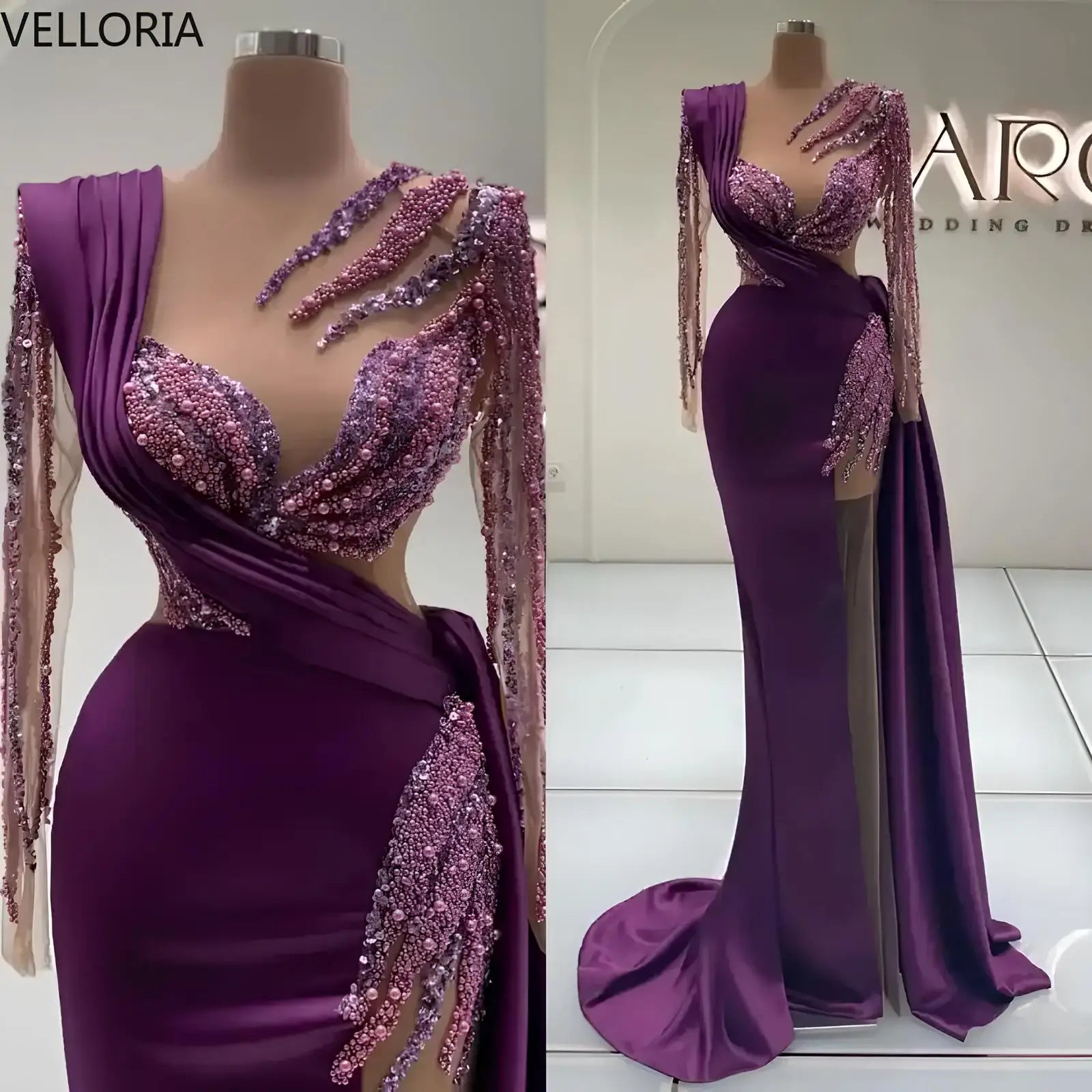 luxury Beadeds Prom Gowns Long Sleeve Jewel Mermaid Evening Dresse High Slit Dinner Party Dress Vestdos De Fiesta Customized