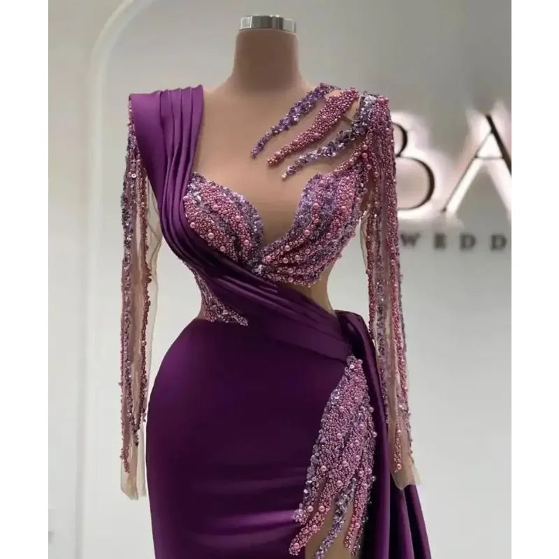 luxury Beadeds Prom Gowns Long Sleeve Jewel Mermaid Evening Dresse High Slit Dinner Party Dress Vestdos De Fiesta Customized