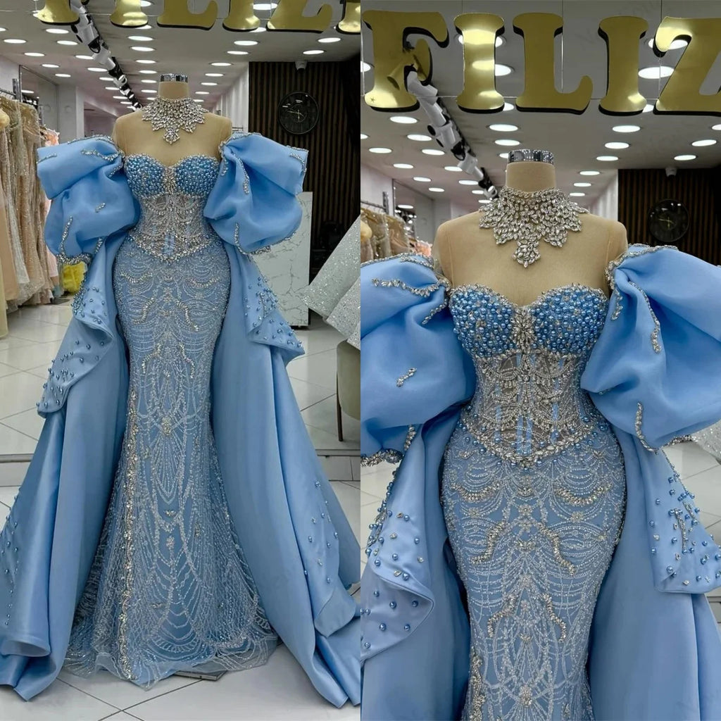 Gorgeous Crystal Pearls Evening Dresses High Neck Sequins Prom Gowns Detachable Train Beading Customized Vestidos De Noche