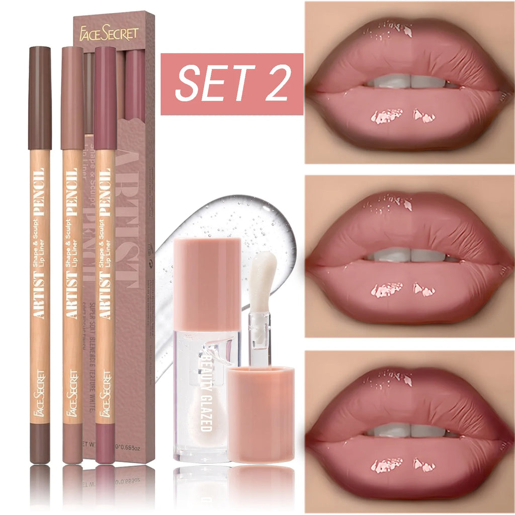 4Pcs Lip Liner & Lip Gloss Set Waterproof Long-lasting Smudge-proof Smooth Daily Lip Makeup Kit